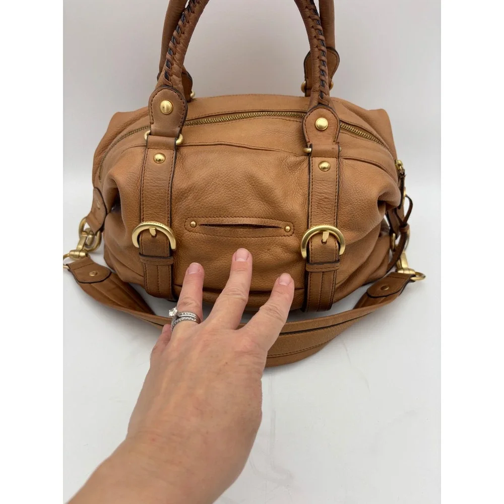 B MAKOWSKY Tan Leather Handbag Satchel Bag Double Handle Boho‎ Slouch Gold Camel